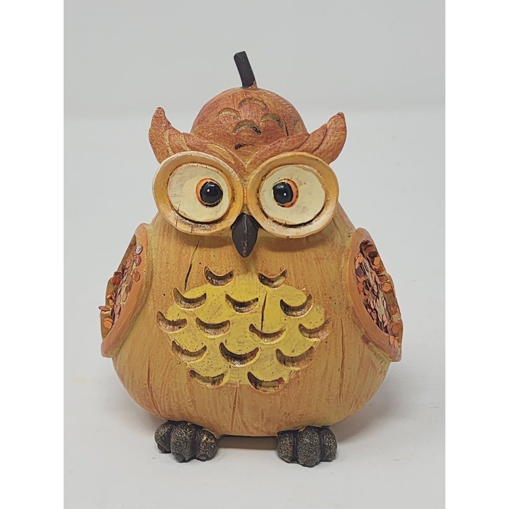 Wood Owl Figurine Pear Shaped With Stem Hand Painted Carved Orange Glitter Wings